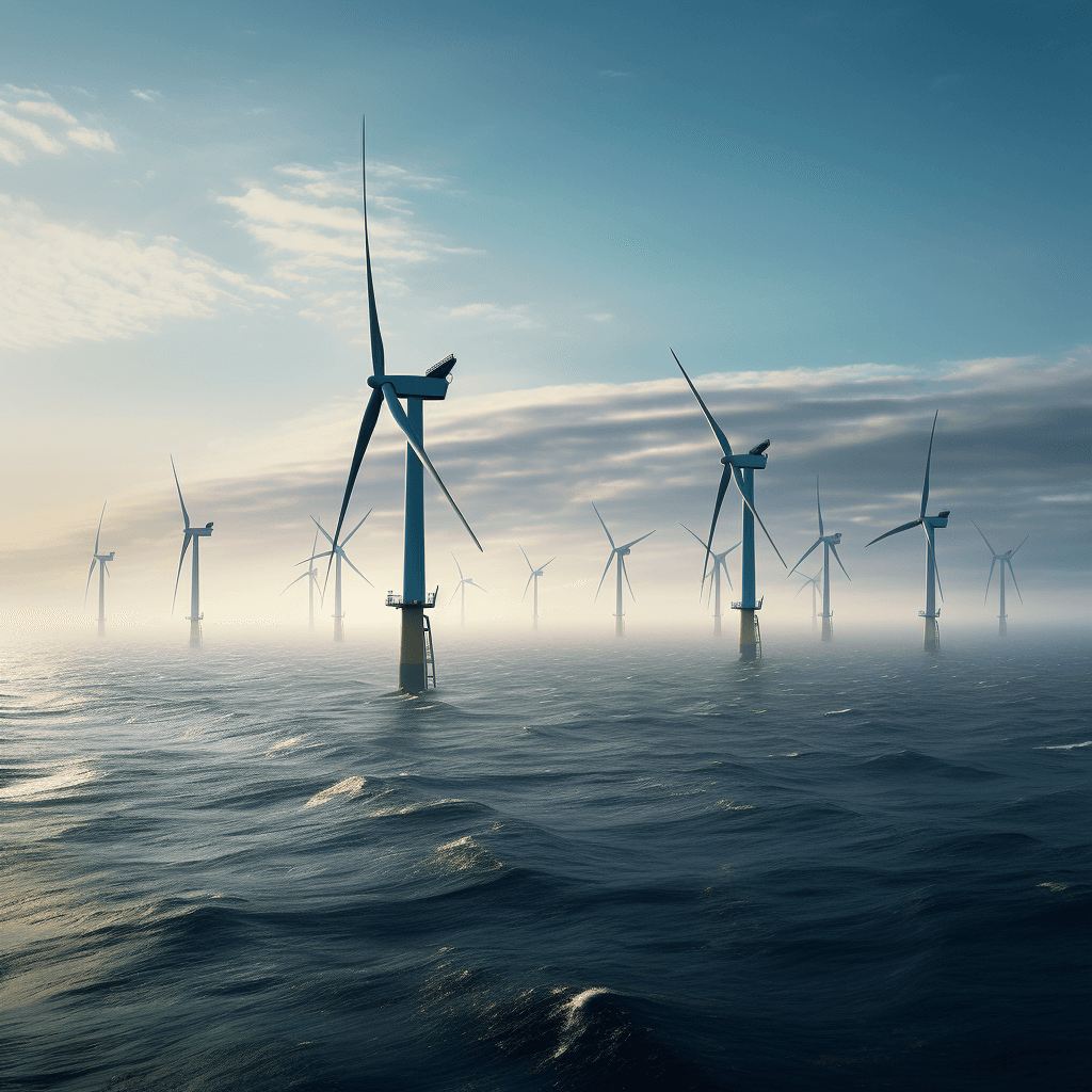 Merituuliturbiinit seisovat valtameressä osittain pilvisen taivaan alla, lempeiden aaltojen ja rauhallisen tunnelman vallitessa auringonnousun tai -laskun aikaan.