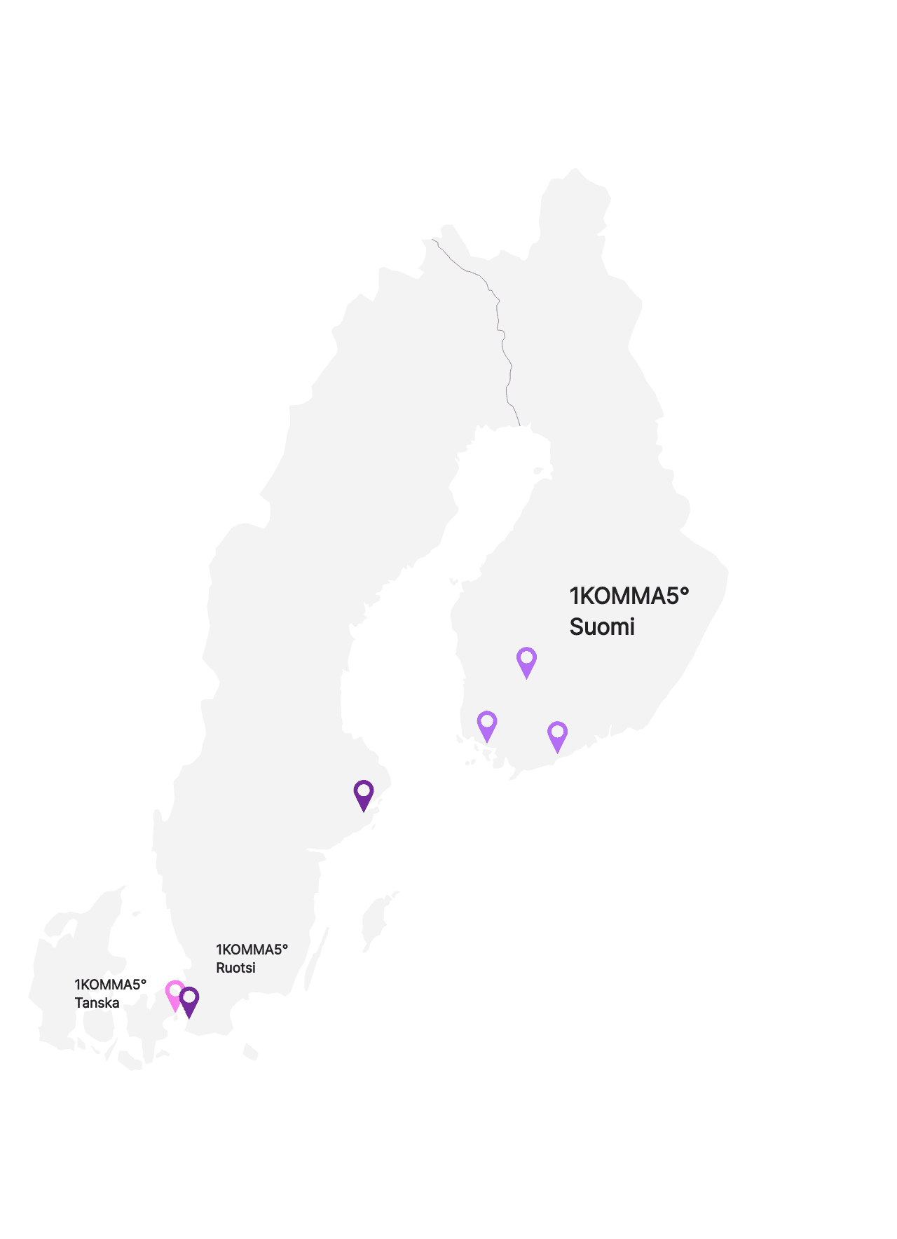 1KOMMA5°:n toimipisteet Pohjoismaissa