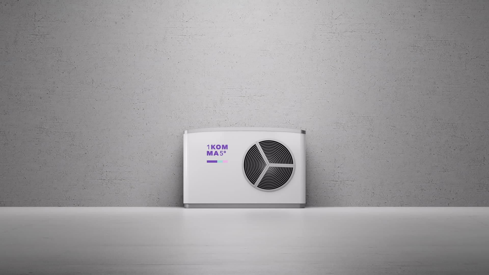 Valkoinen lämpöpumppuyksikkö yksiväristä harmaata seinää vasten, varustettuna pyöreällä ilmanvaihtoaukolla ja sinisellä logolla vasemmalla puolella.