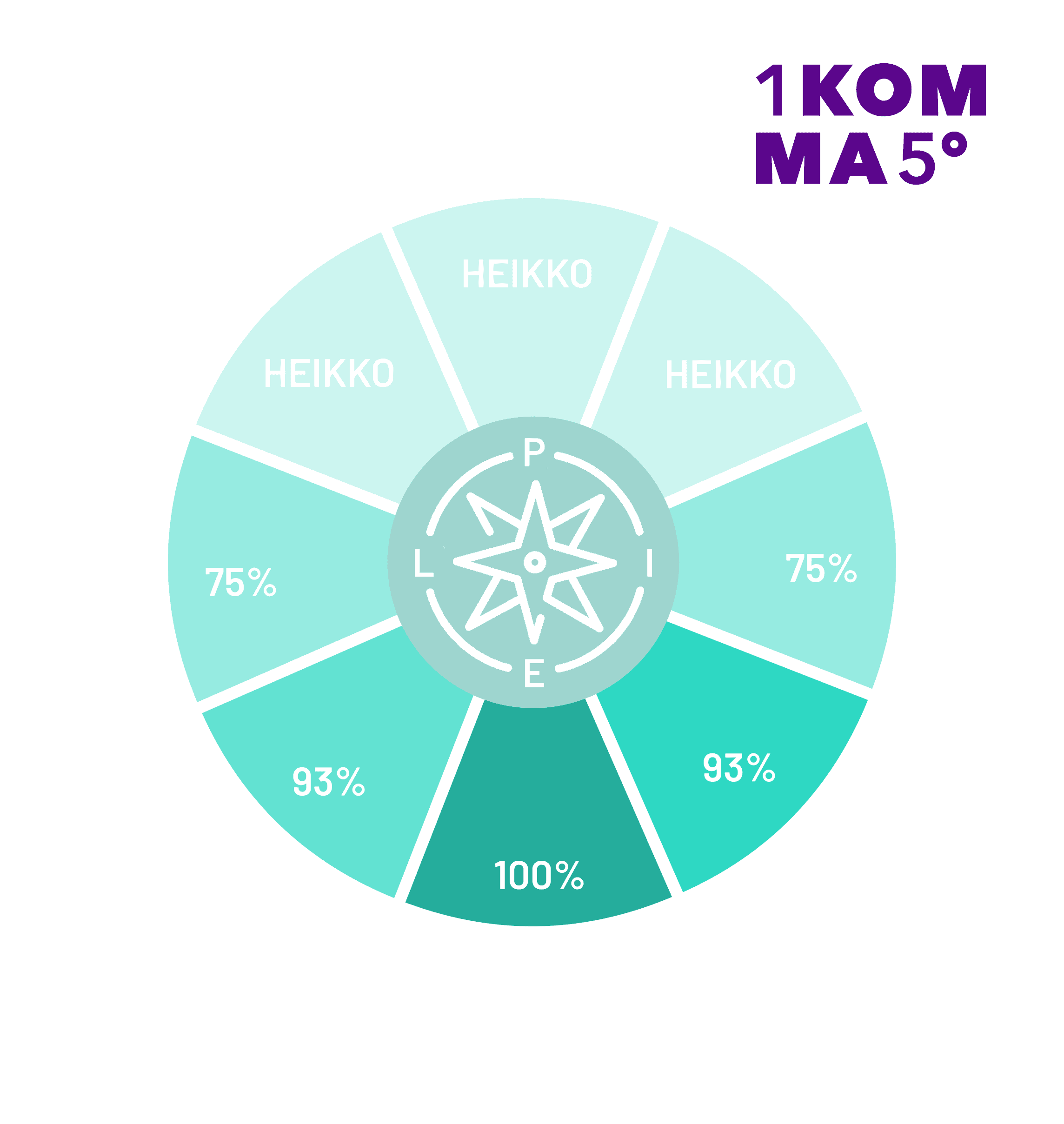Ympyräkaavio, jonka keskellä on kompassikuvio. Osioissa on merkinnät eri turkoosin sävyissä ja prosenttiluvut: 75 %, 93 %, 100 %. Teksti "1KOMMA5°" on violettina.
