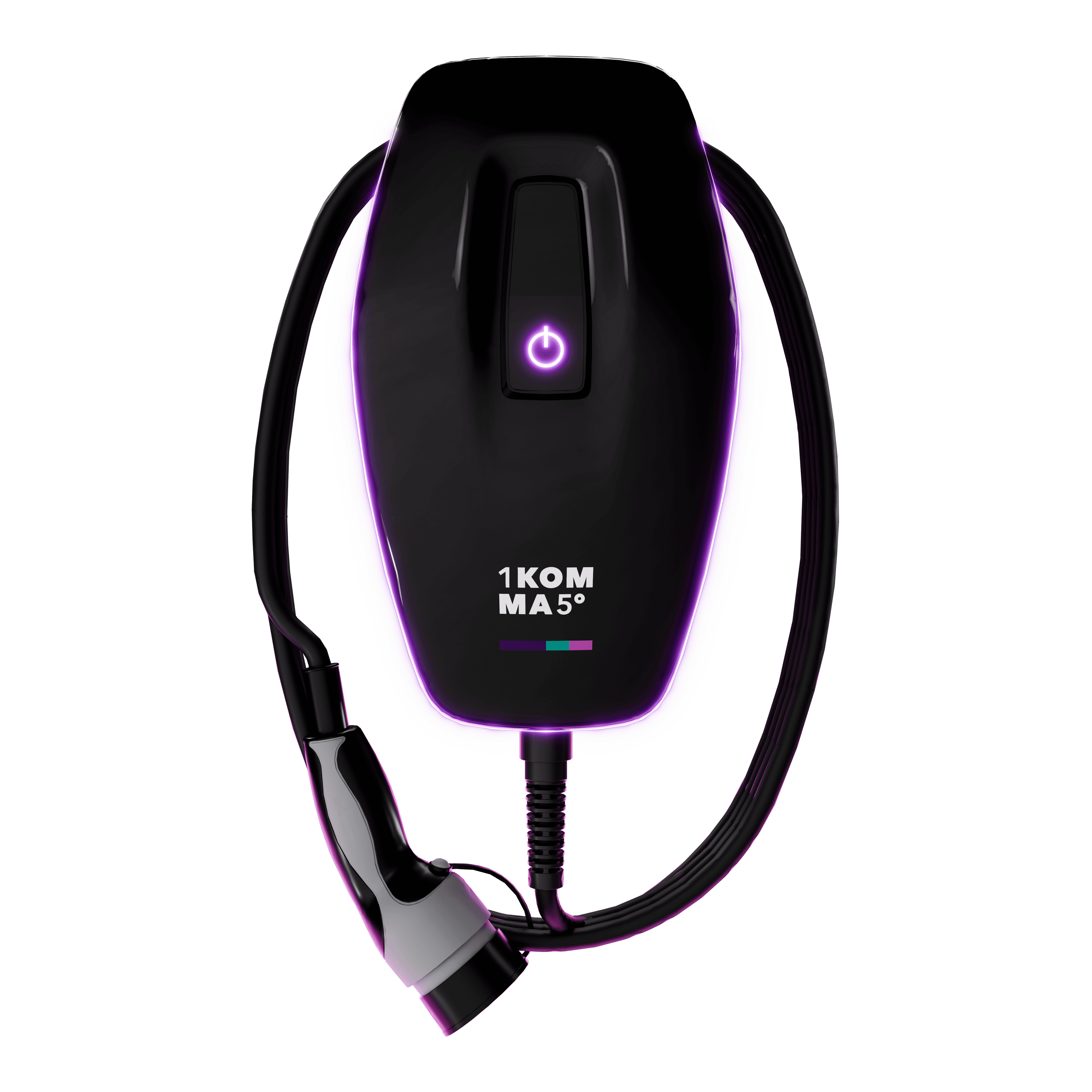 Musta sähköauton latausasema, jossa on hehkuva violetti reunaviiva, varustettuna virtapainikkeella ja kytketyllä latauskaapelilla.