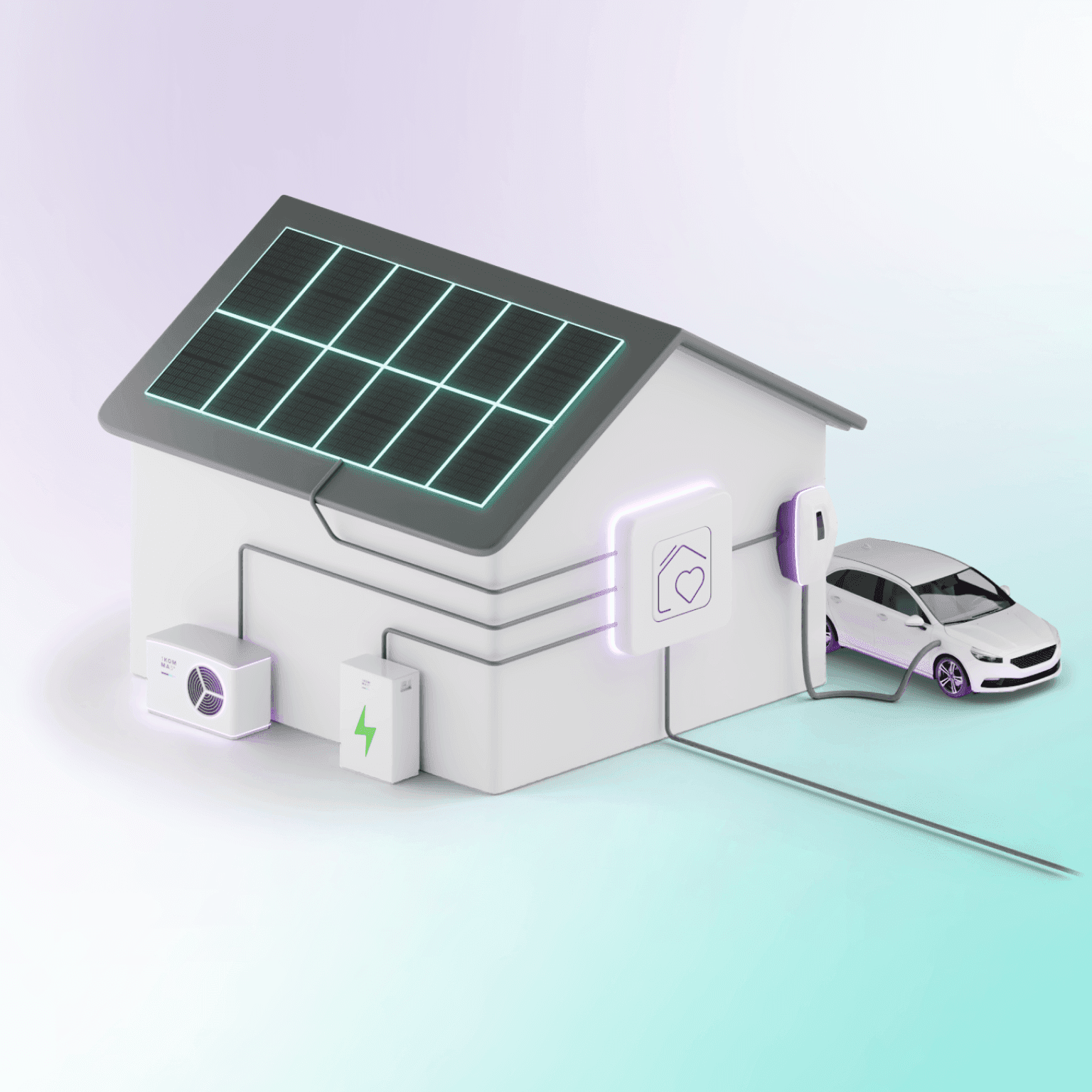 Kuvitus talosta, jossa on aurinkopaneelit, sähköauto latauksessa ja energialaitteita, symboloiden kestävää asumista ja uusiutuvaa energiaa.